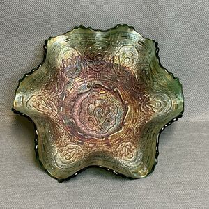 Antique Fenton Green Carnival Glass Persian Medallion Grape Cable Ruffle Bowl
